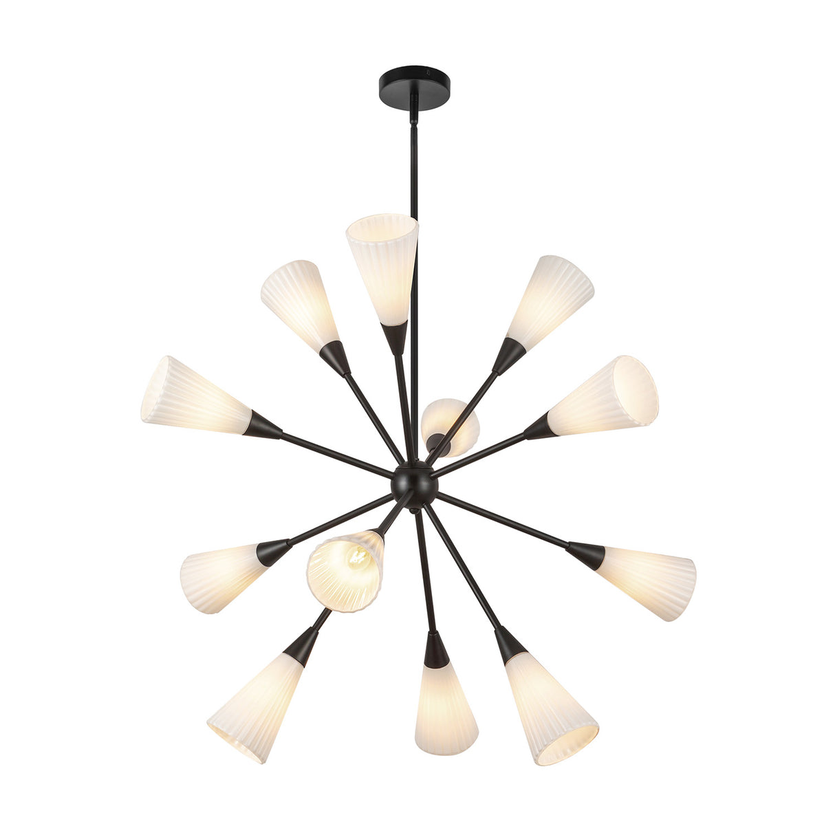 Aurora Chandelier 39", Matte Black and Ribbed Opal Glass