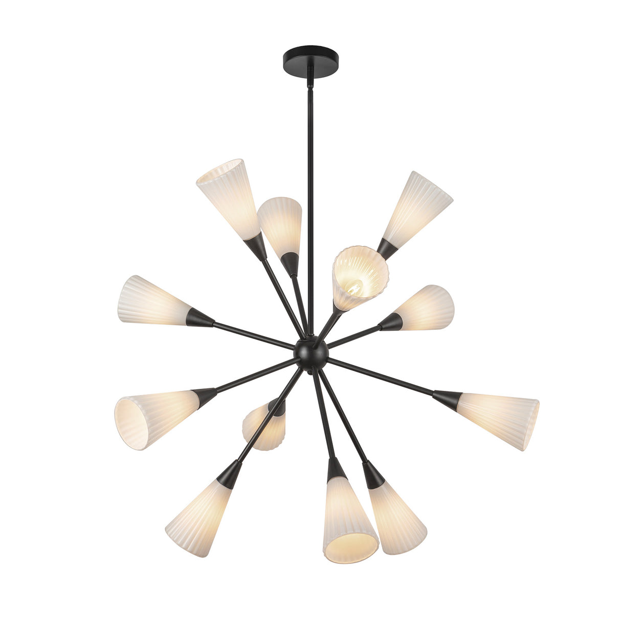 Aurora Chandelier 39", Matte Black and Ribbed Opal Glass