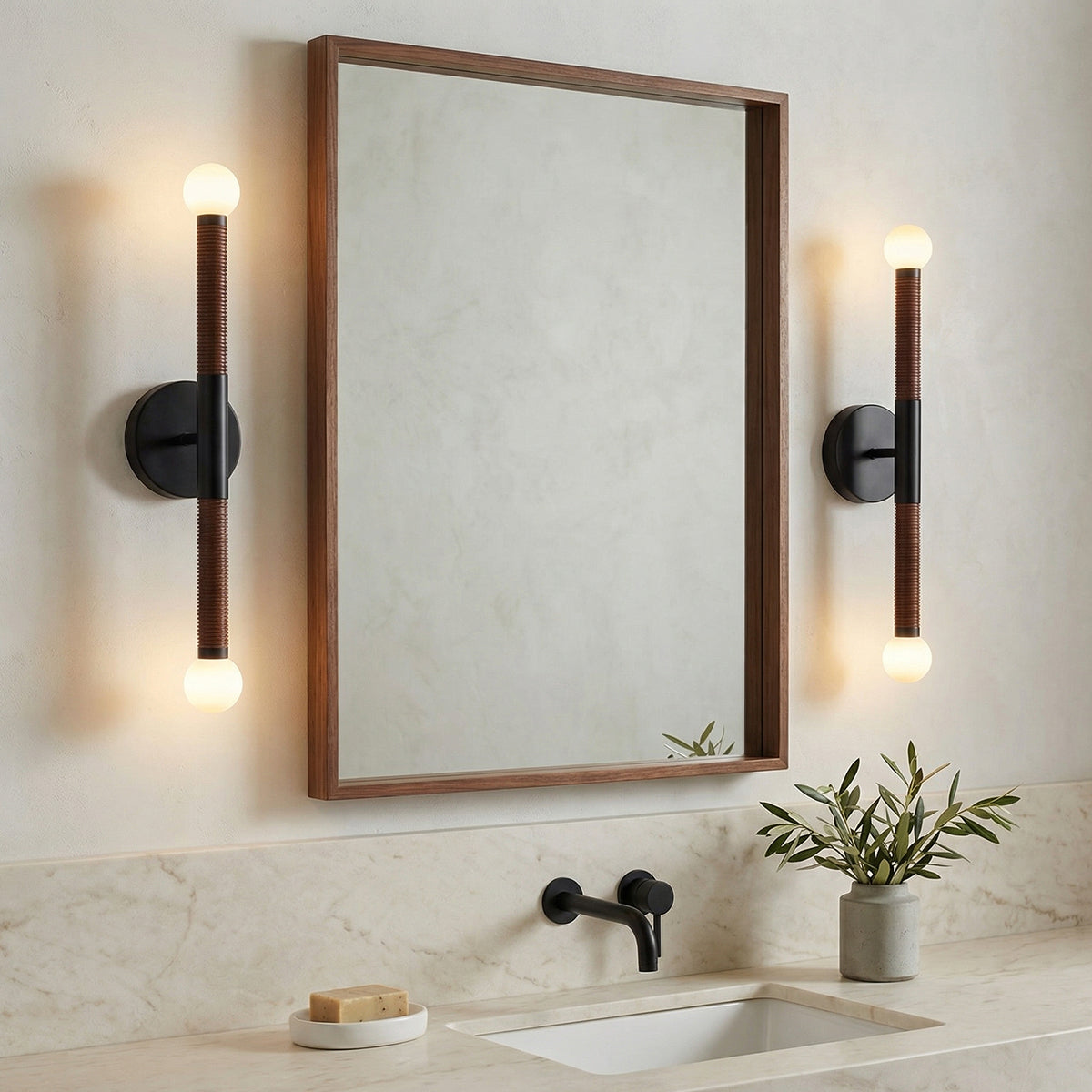 Shiloh 2 Light LED Wall Sconce 23", Matte Black and Walnut for Modern home with Warm Beige Walls