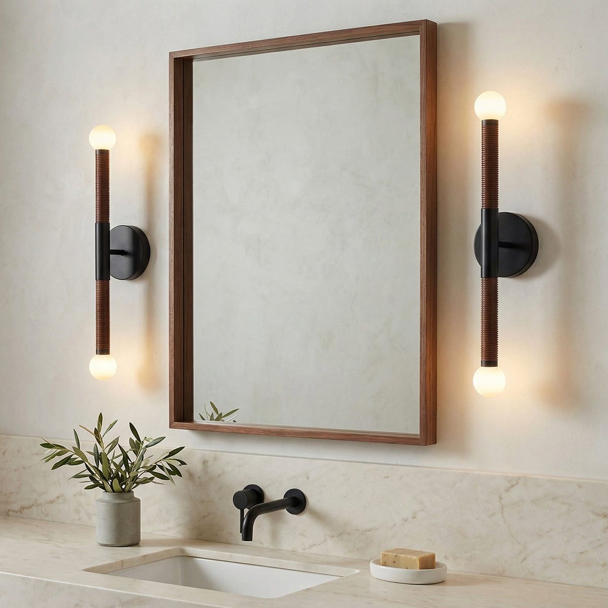 Shiloh 2 Light LED Wall Sconce 23", Matte Black and Walnut for Modern home with Warm Beige Walls