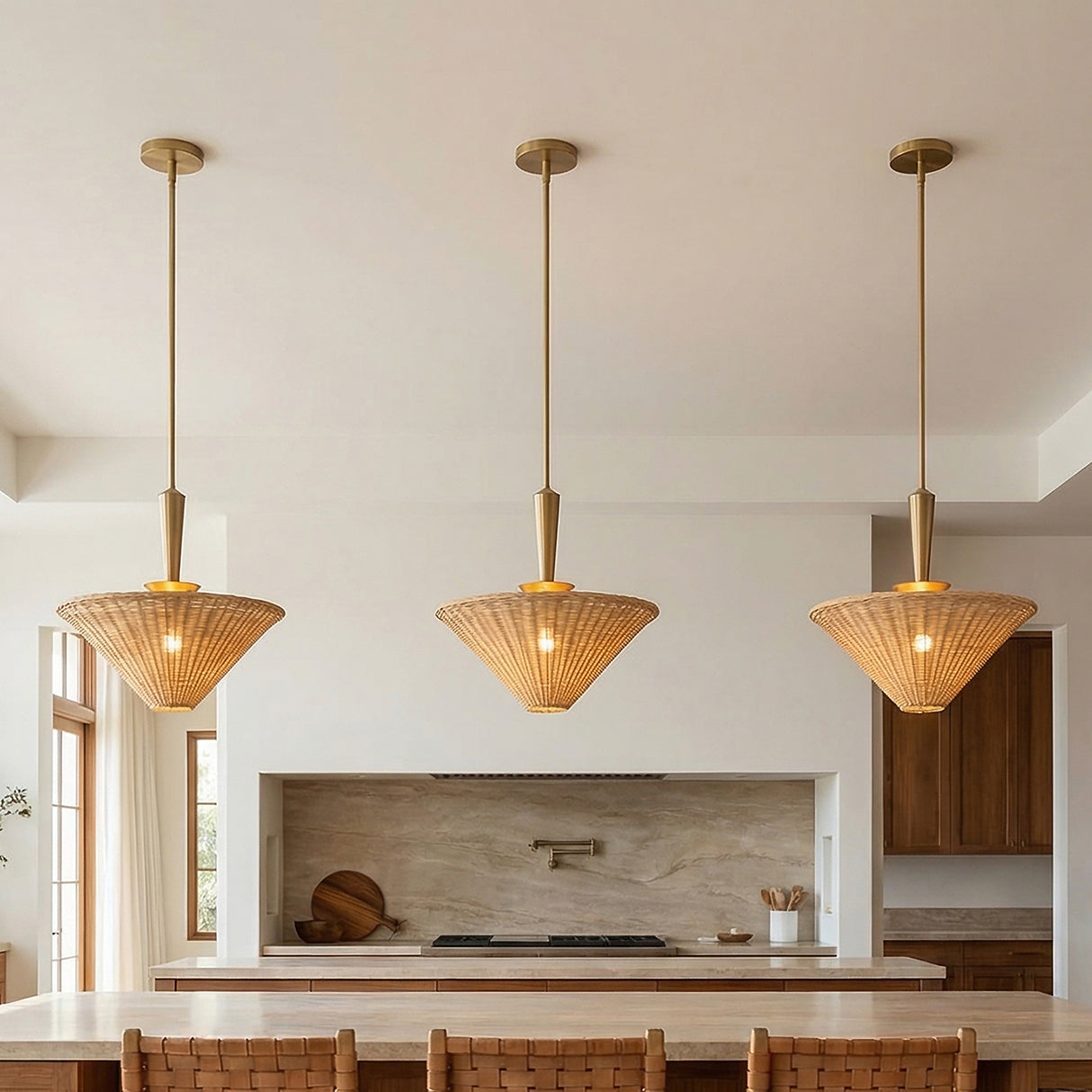 Sabina Pendant 16, Brushed Brass with Rattan Shade for Transitional home with White walls