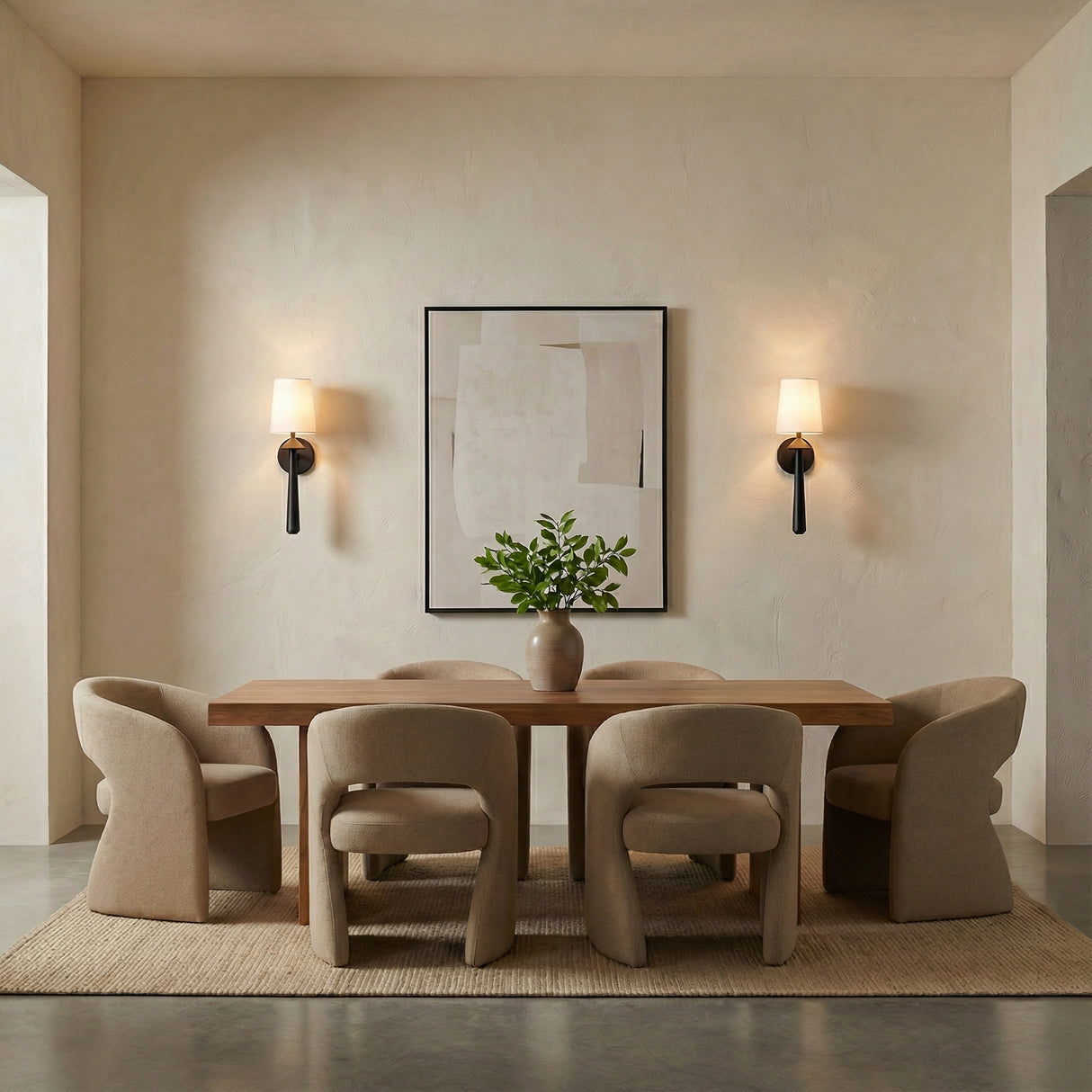 Sabina Wall Sconce 18", Matte Black linear Wall Sconce in a Modern Dining Room with organic upholstered dining chairs.