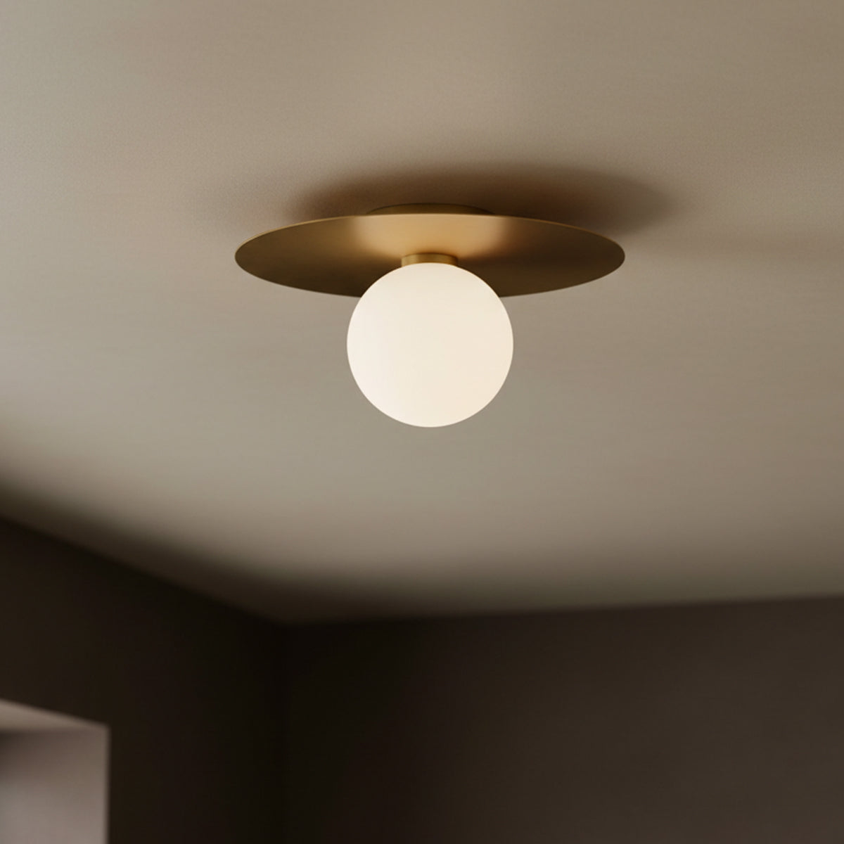 Sol LED Flush Mount 14", Brushed Brass for Modern home with Warm Beige Ceiling