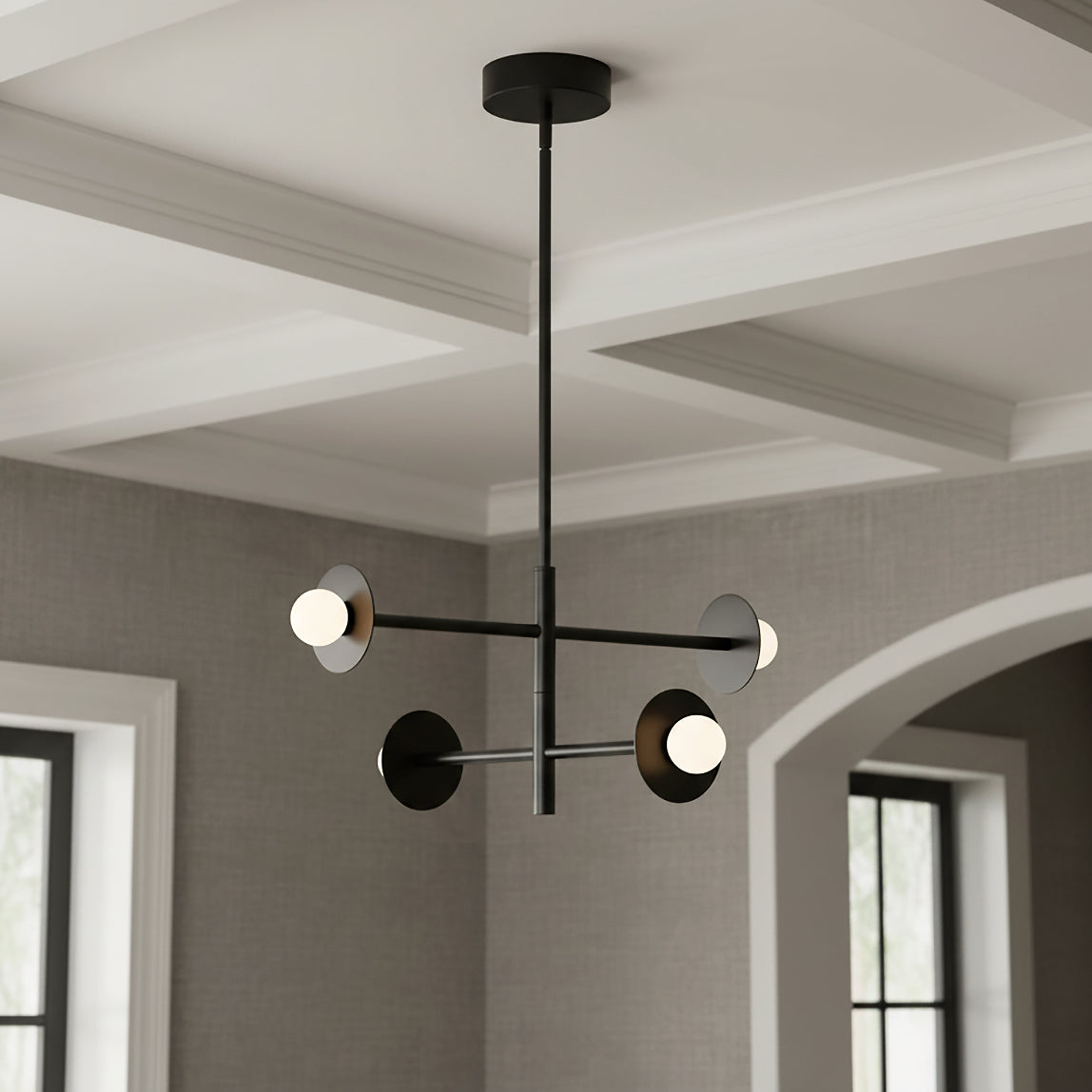 Sol LED Chandelier 23, Matte Black for Modern home with Gray Textured Walls