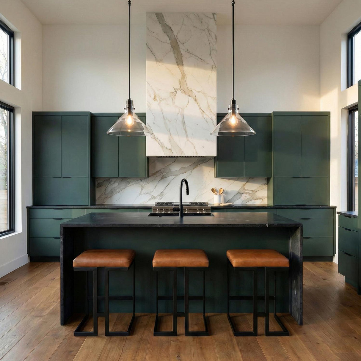 Nash Pendant 14”, Matte Black geometric Pendant in a Modern Kitchen with dark green cabinets and a marble backsplash.