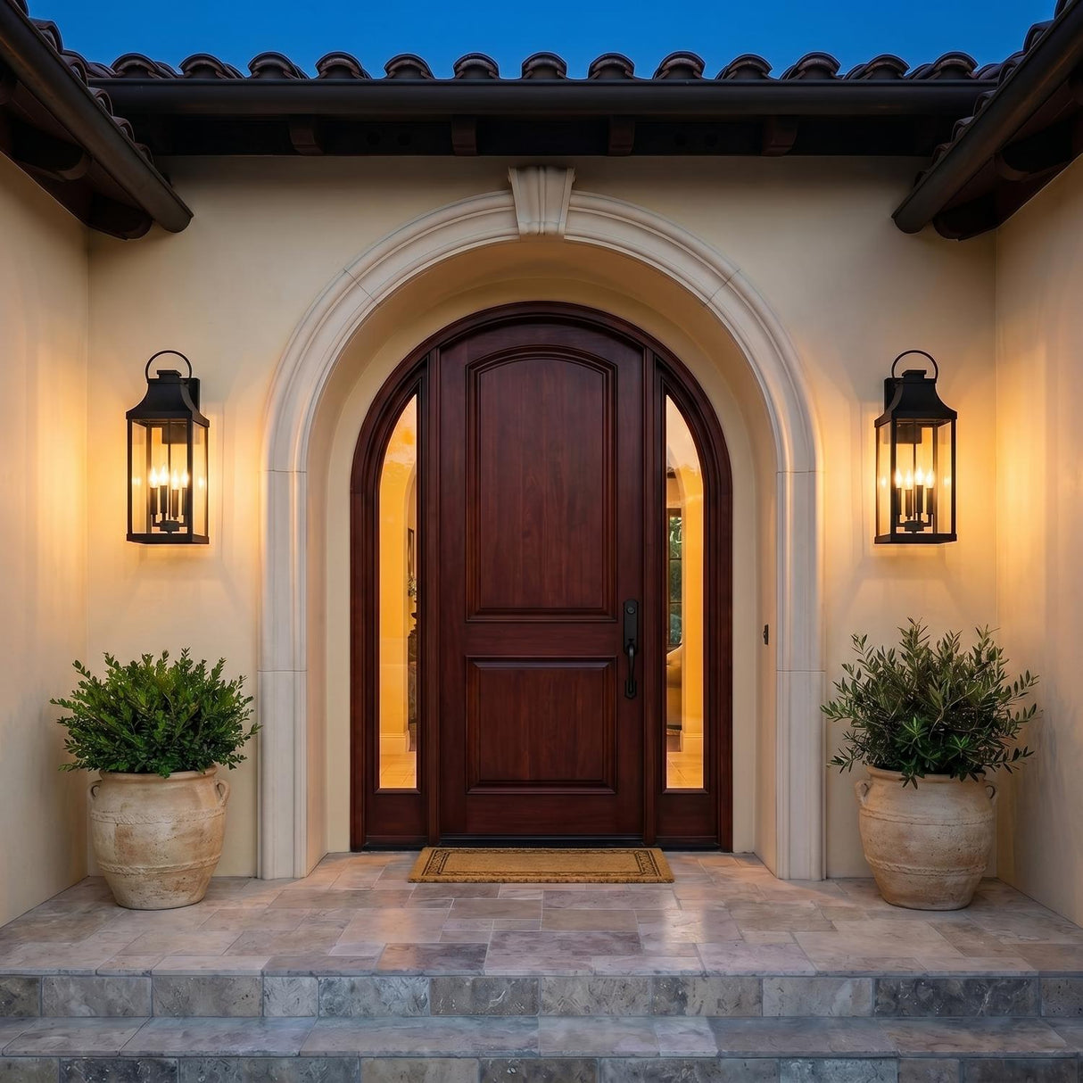 A Mediterranean home exterior featuring two matte black Ainsley Outdoor Wall Light lanterns flanking an arched wood door on a beige stucco facade at dusk with potted shrubs.