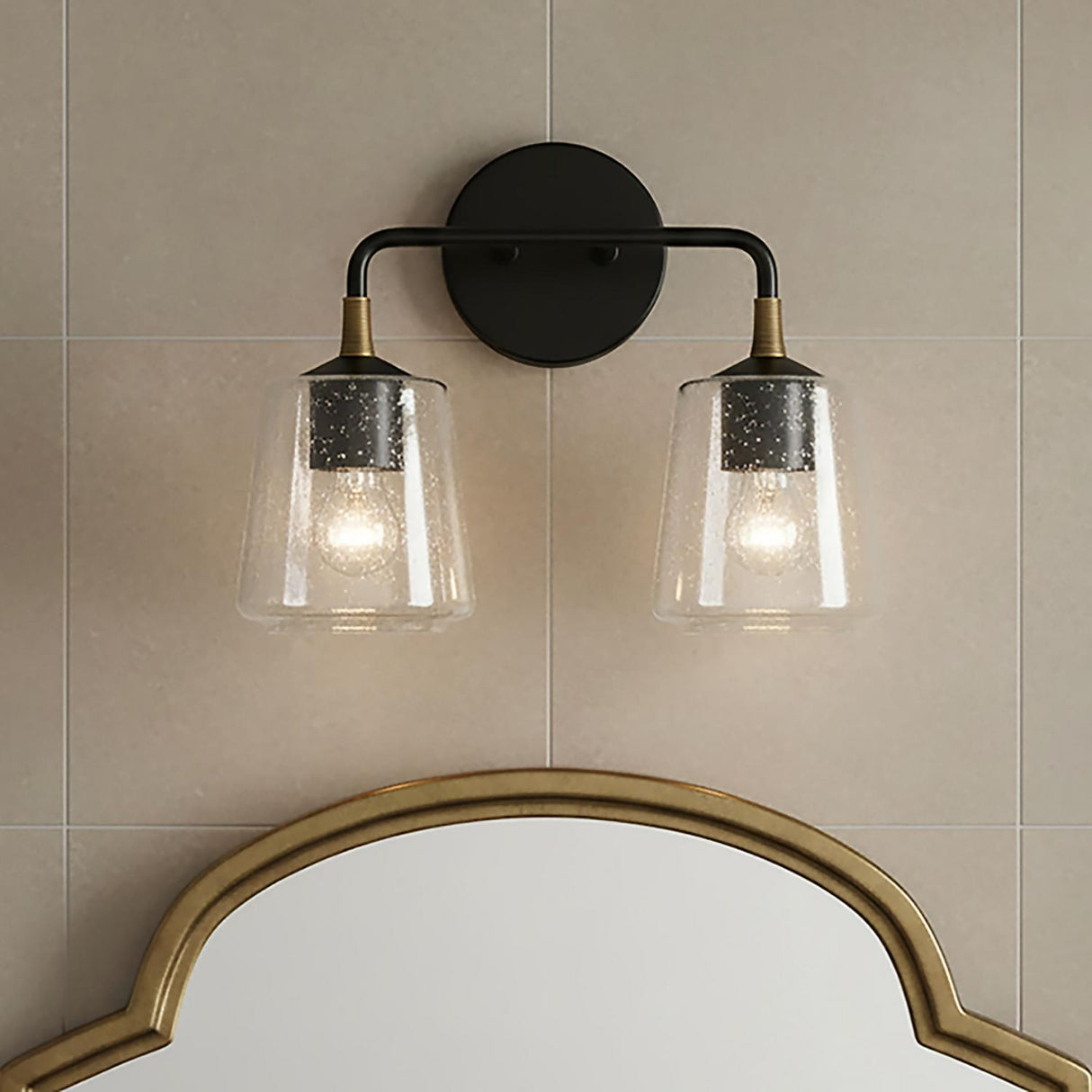 Malin 2 Light Vanity, Matte Black with Brass Accents