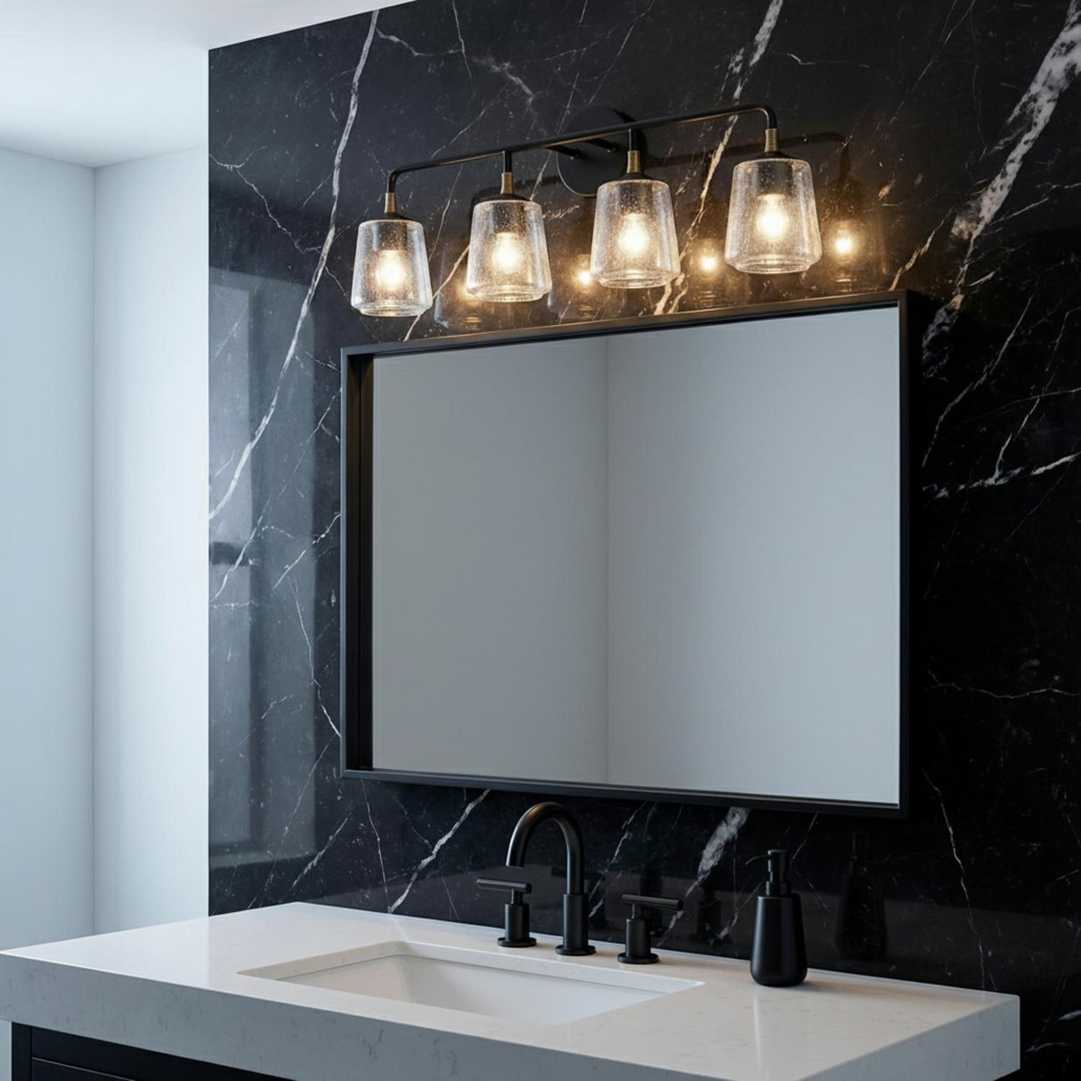 Malin 4 Light Vanity, Matte Black with Brass Accents
