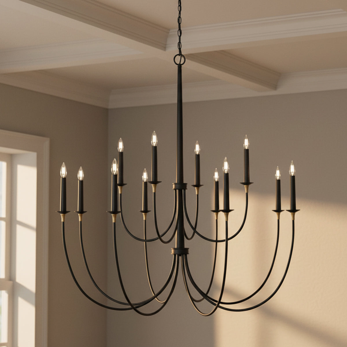 Malin 12 Light Two-Tier Chandelier 54" for Modern Farmhouse home with Warm Beige Walls