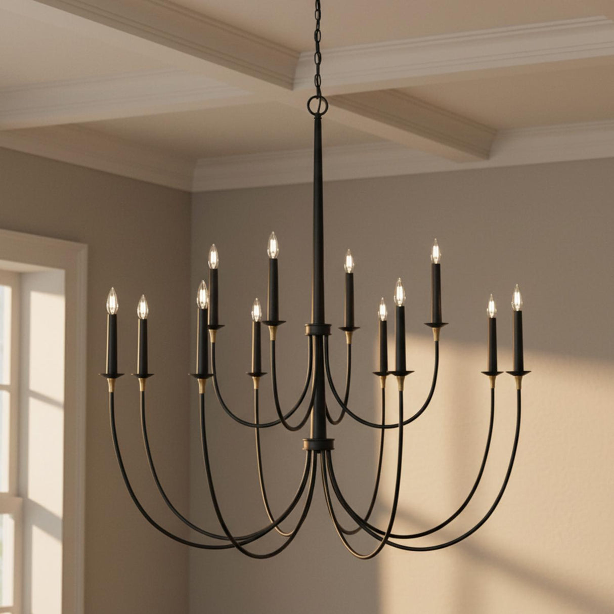 Malin 12 Light Two-Tier Chandelier 54", Matte Black with Brass Accents