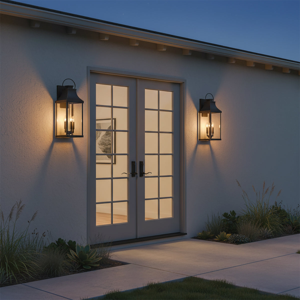 Ainsley Outdoor Wall Light, Extra Large 27" Oiled Bronze - Two bronze outdoor wall lights flanking a set of glass-paneled doors