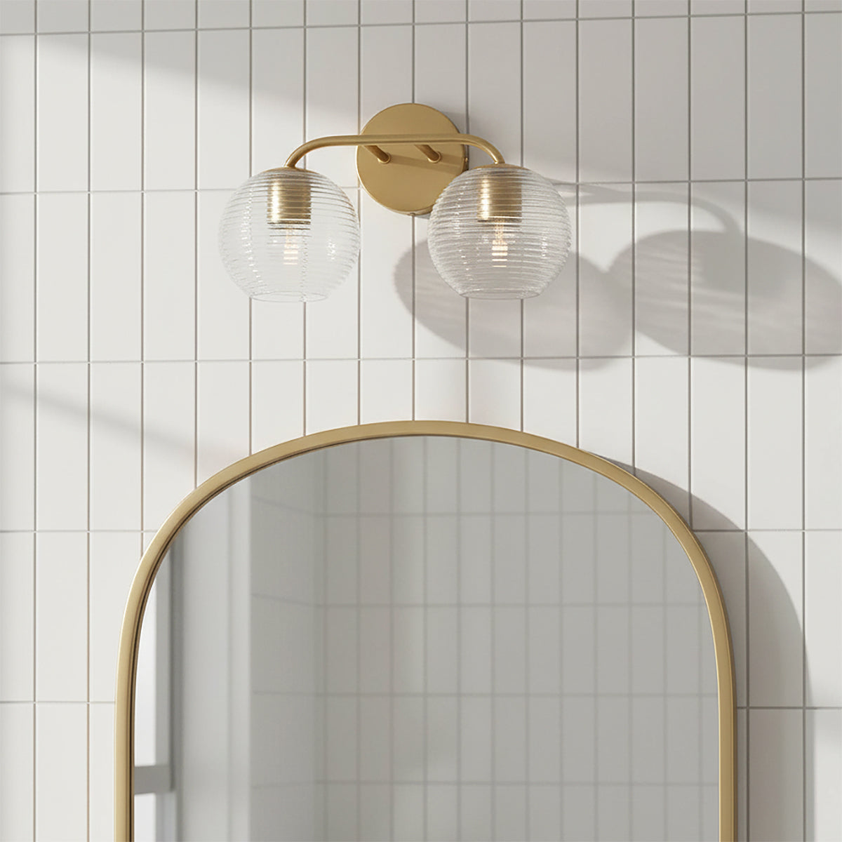 Ori 2 Light Vanity, Matte Brass for Modern home with White Tile
