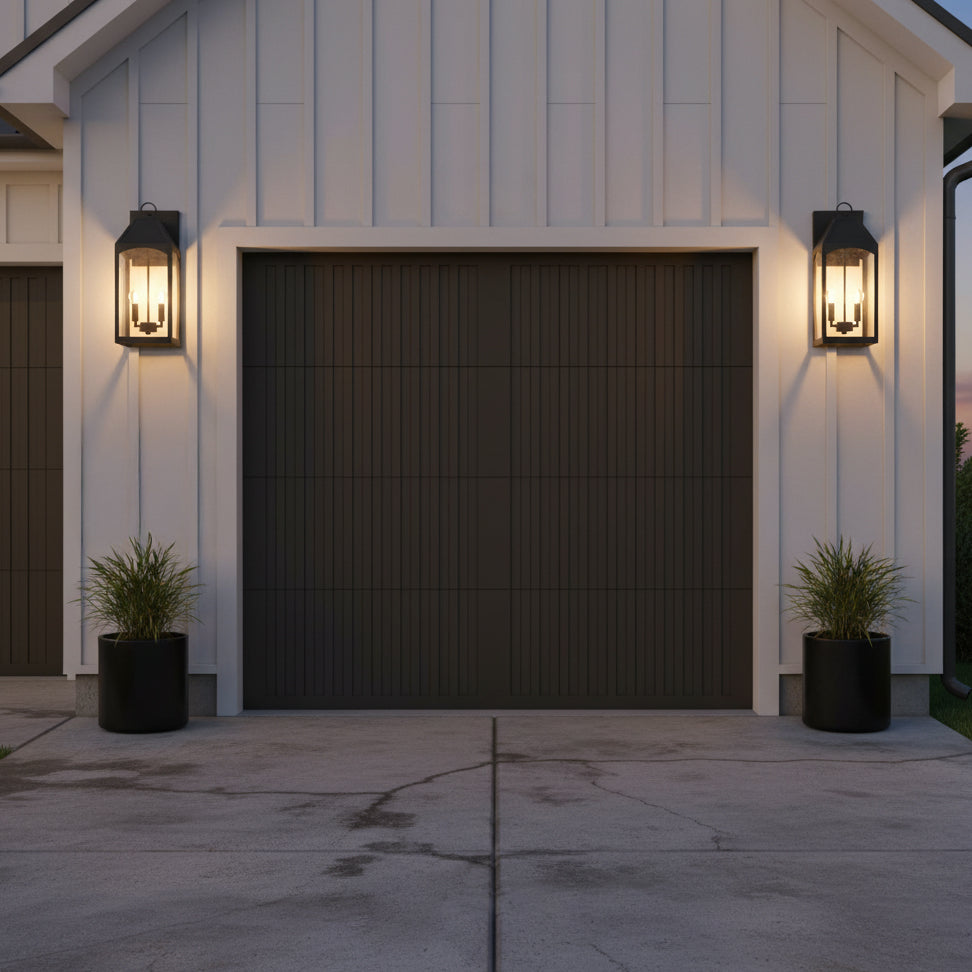 Chester Outdoor Wall Light, Medium 20" Black - Exterior of garage with two wall lights flanking a garage door