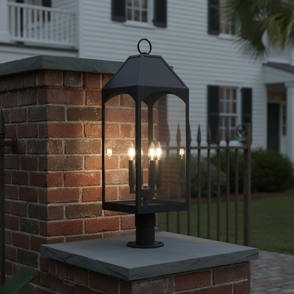 Chester Outdoor Post Light, Black - Black post light illuminating an outdoor entryway  of a Charleston home.
