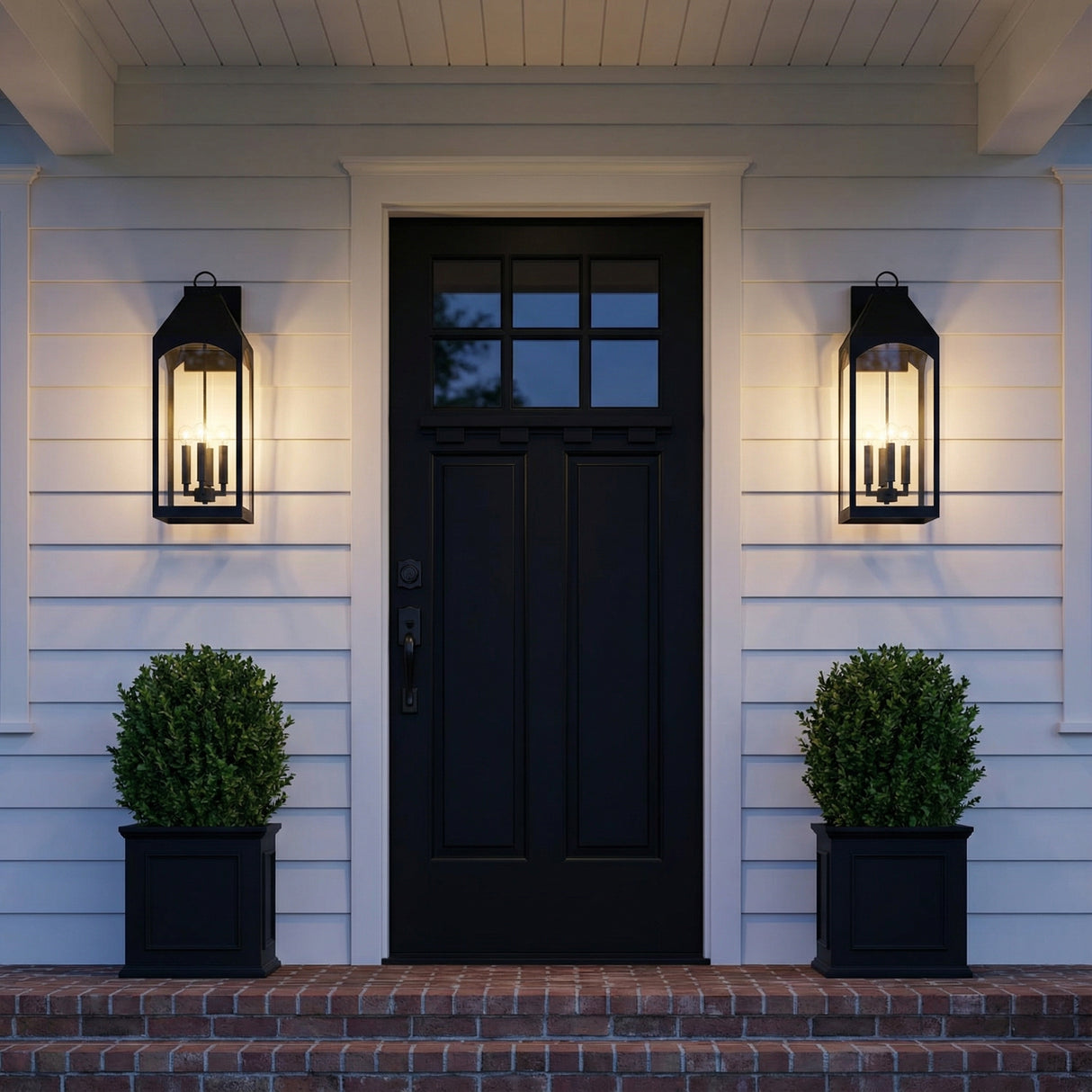 Chester Outdoor Wall Light, Large 23" Black geometric Outdoor Wall in a Traditional Outdoor with a dark door and brick steps.