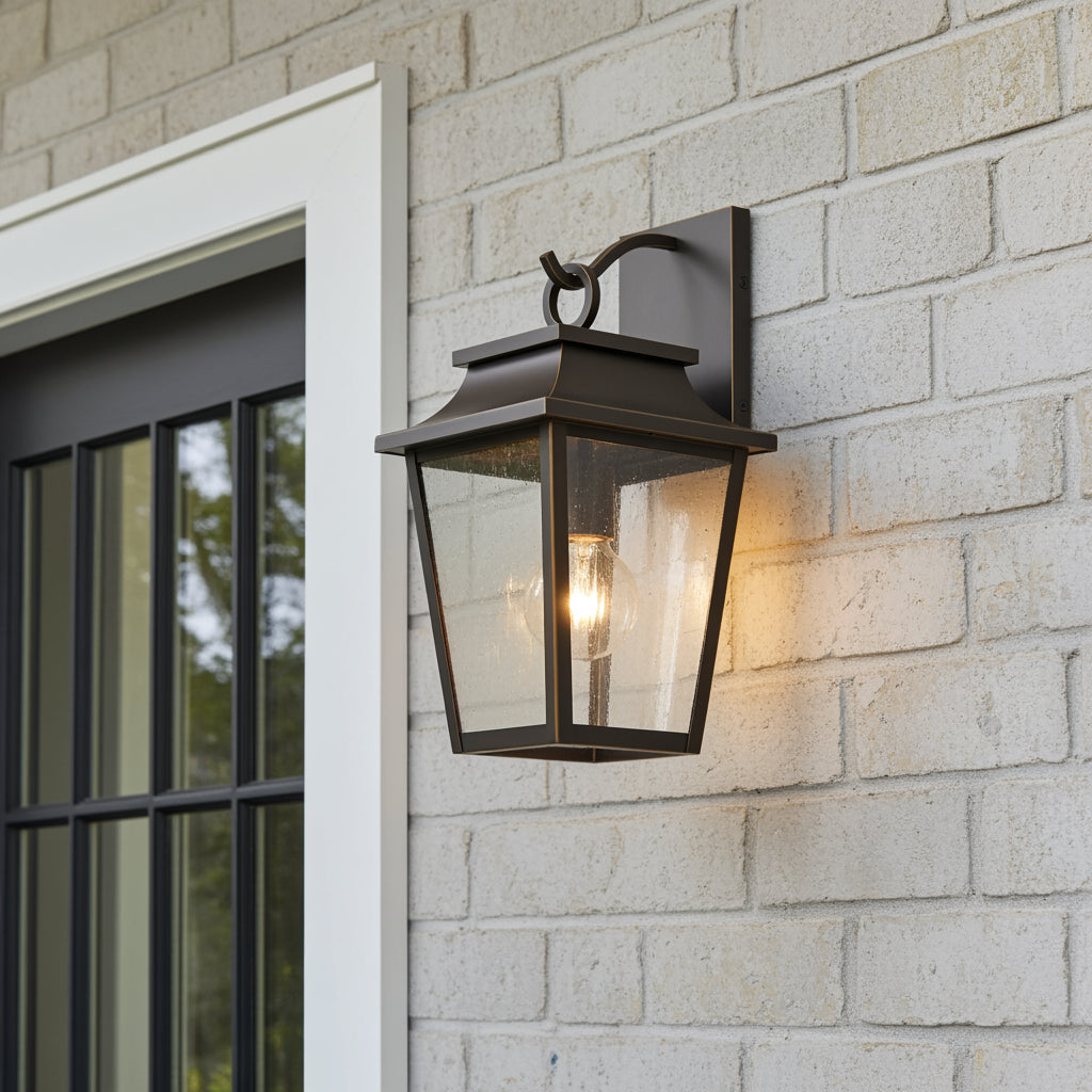 Beckett Outdoor Wall Light, Small 16" Oiled Bronze for Modern Farmhouse home with White Brick