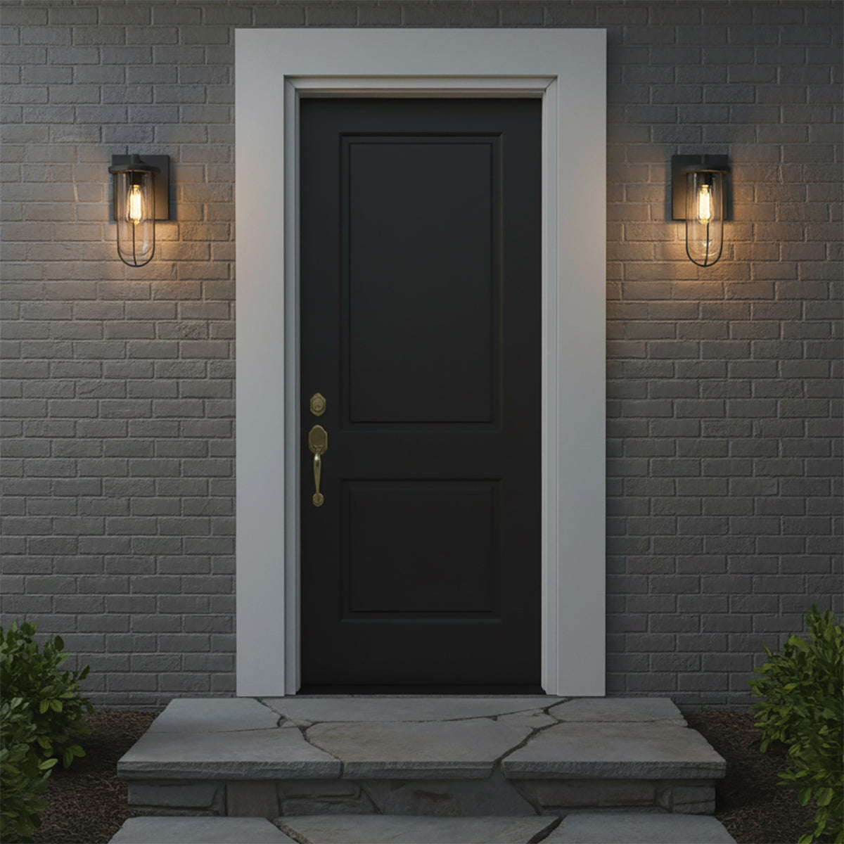 Orson Outdoor Wall Light, Small 12" Black - A black front door with two wall lights flanking it.