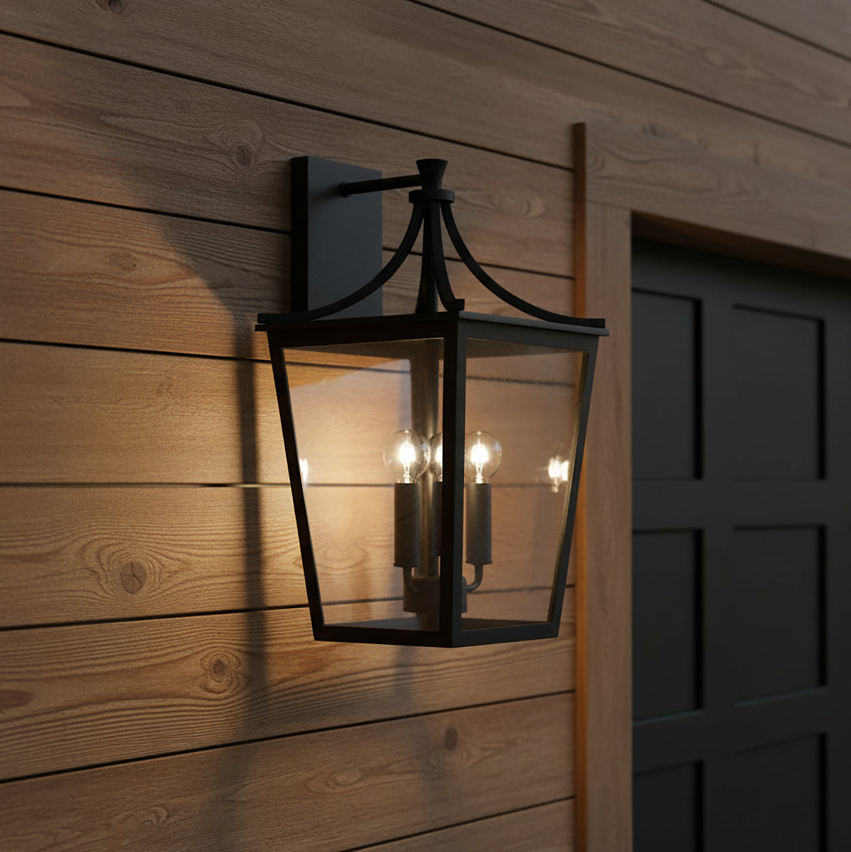 Ellery Outdoor Wall Light, Medium 19" Black for Modern Farmhouse home with Natural Wood Siding