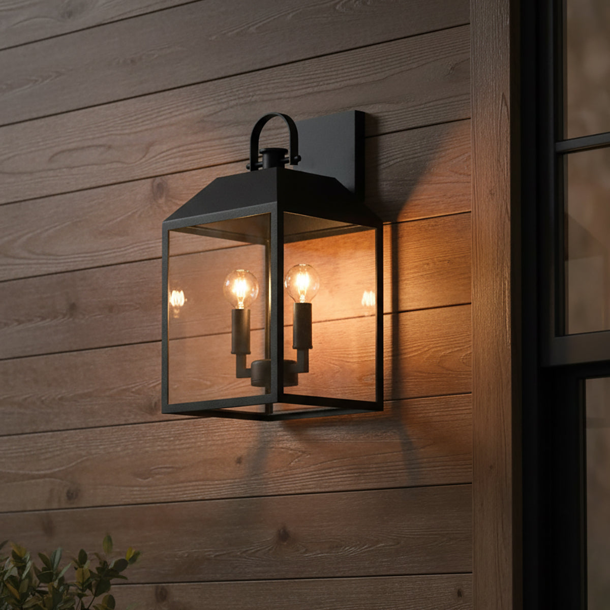 Porter Outdoor Wall Light, Small 16" Black for Modern Farmhouse home with Natural Wood Siding