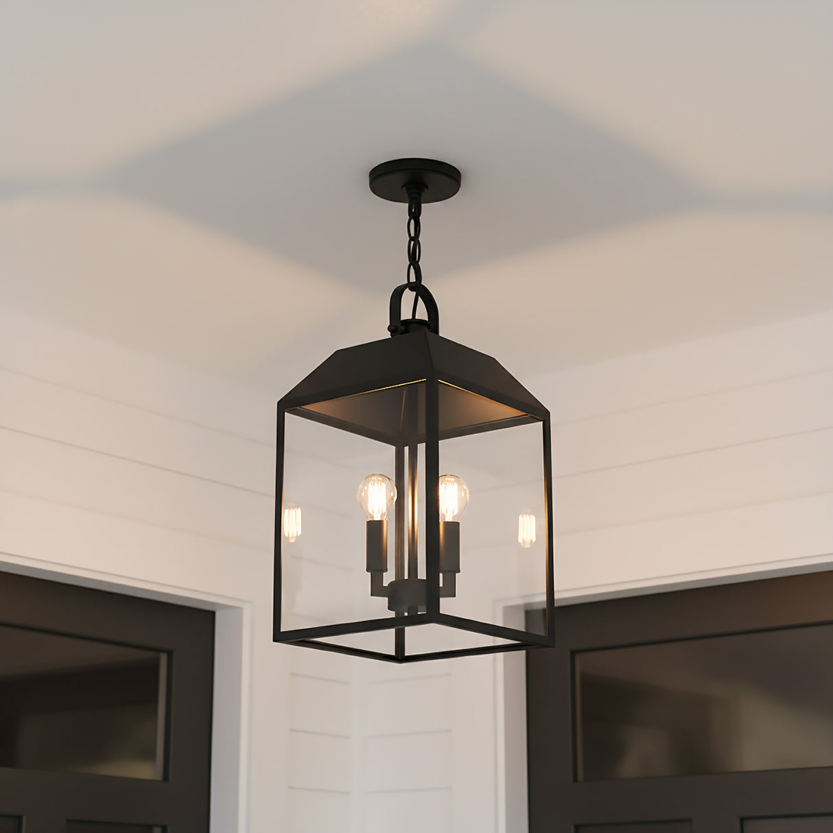 Porter Outdoor Hanging Light, Black for Modern Farmhouse home with White Siding