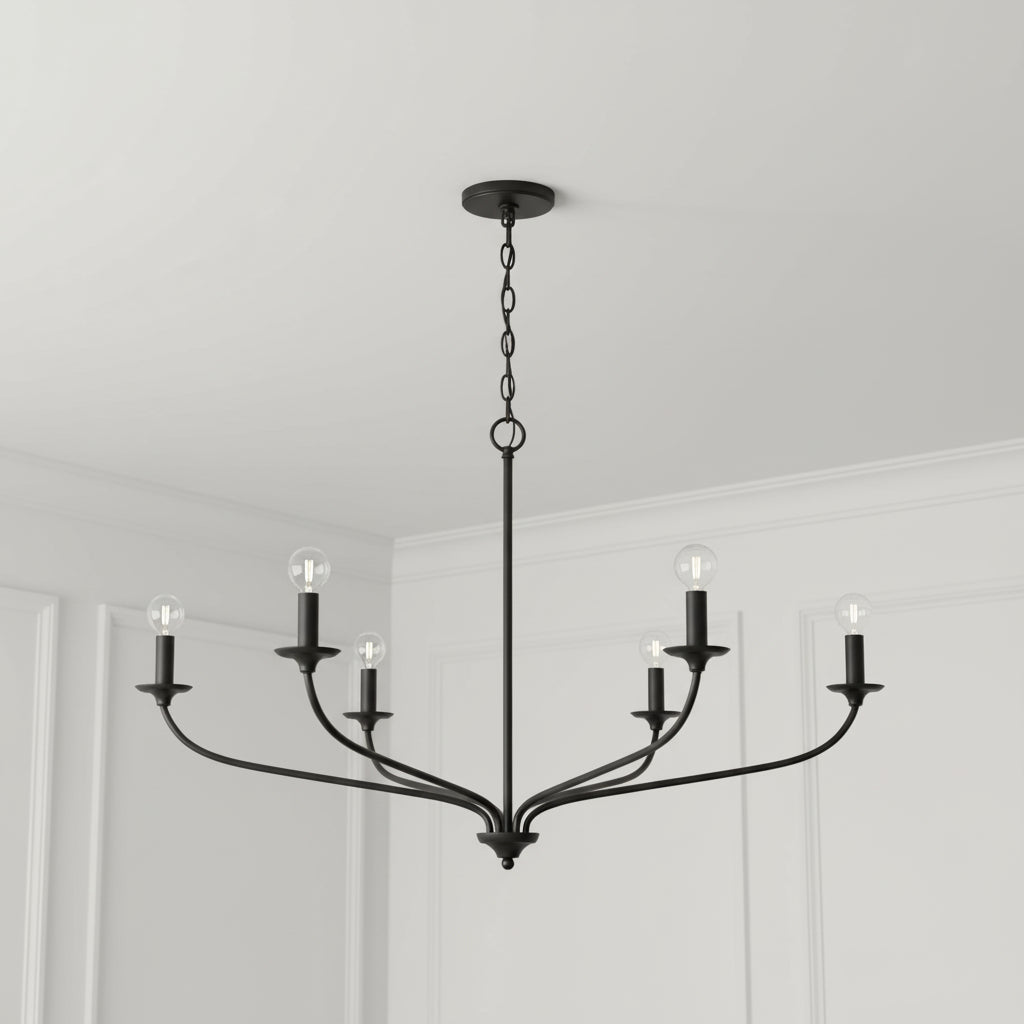 Oriana 6 Light Chandelier 40", Matte Black for Modern Farmhouse home with White Siding