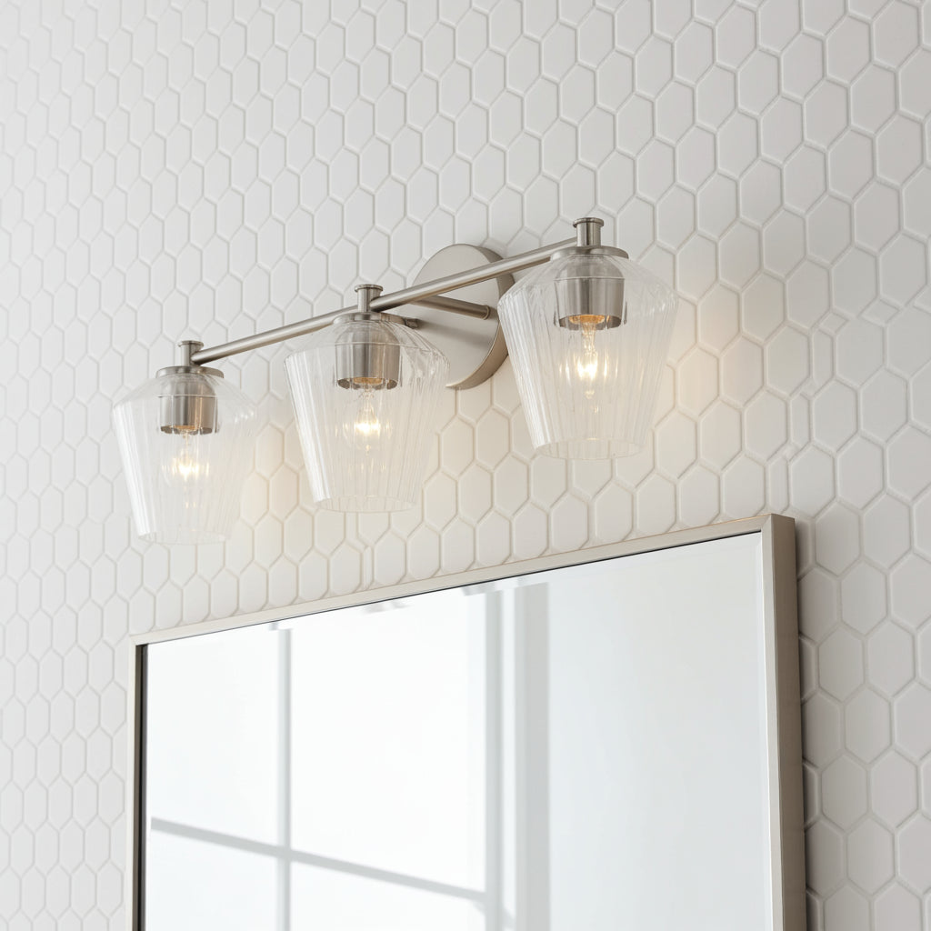 Sariel 3 Light Vanity, Brushed Nickel for Modern home with White Hexagonal Tile