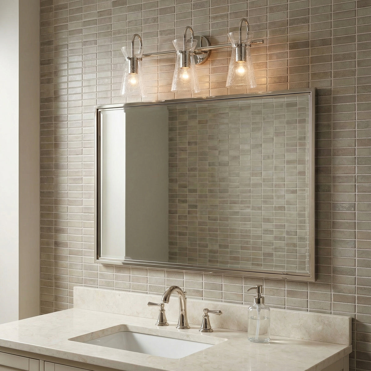 Aries 3 Light Vanity, Polished Nickel for Transitional home with Gray Tile