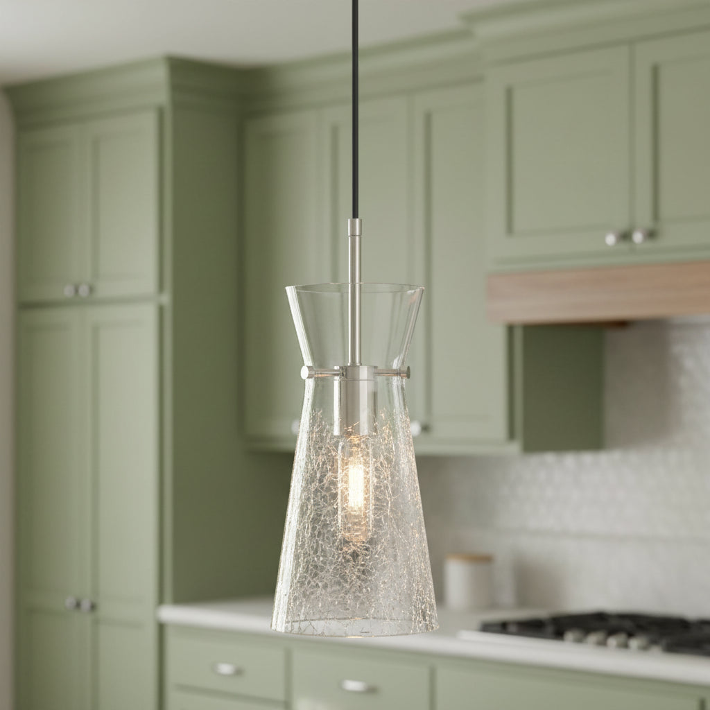 Aries Pendant 6, Polished Nickel for Modern Farmhouse home with Green Cabinetry