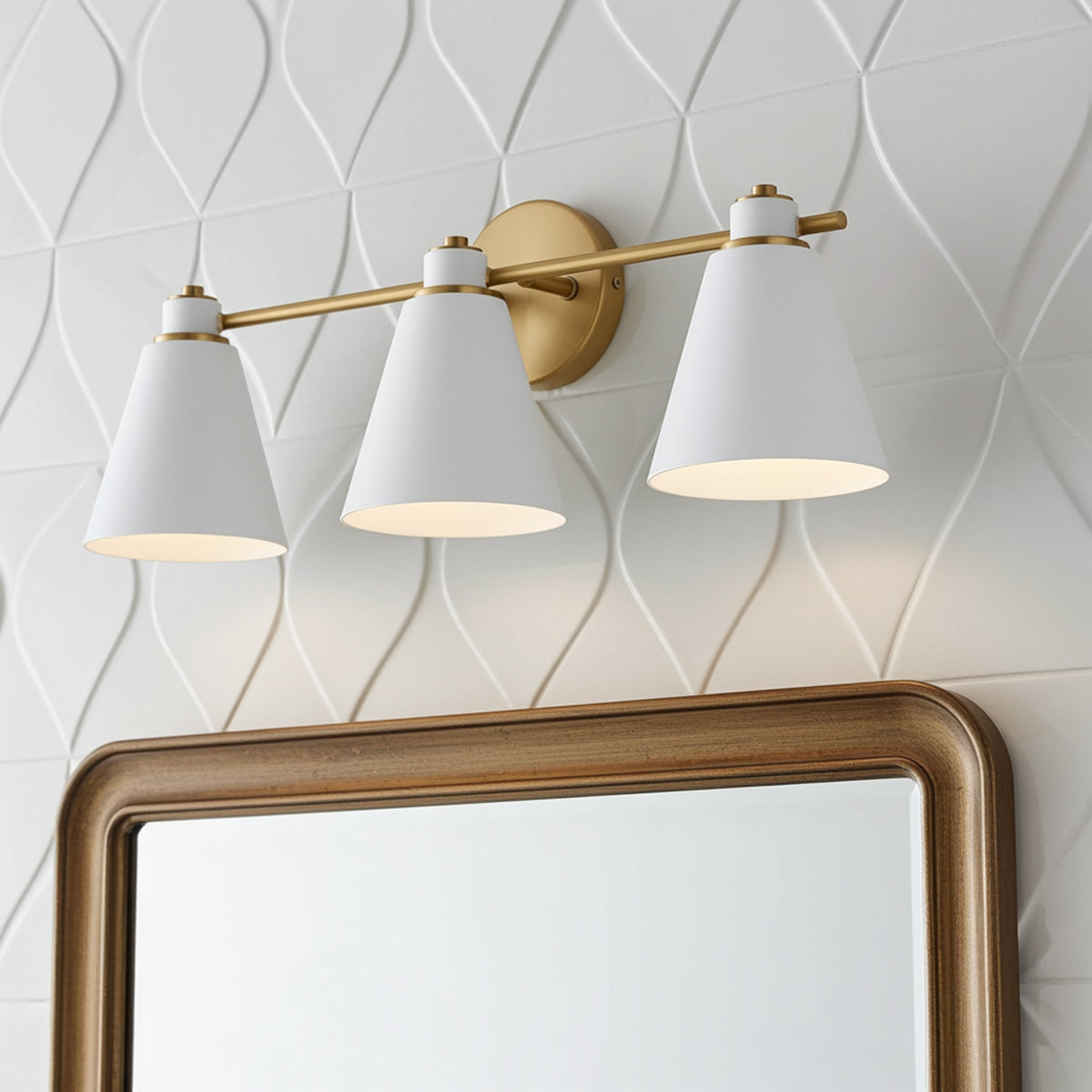 Avin 3 Light Vanity, White and Aged Brass for Contemporary home with White Textured Walls
