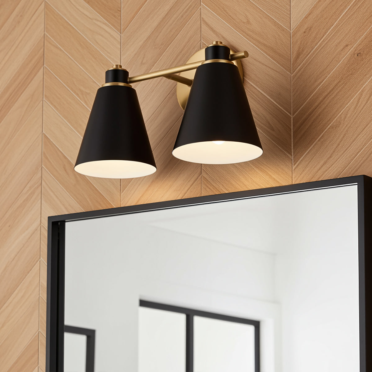 Avin 2 Light Vanity, Matte Black and Aged Brass for Modern home with Natural Wood