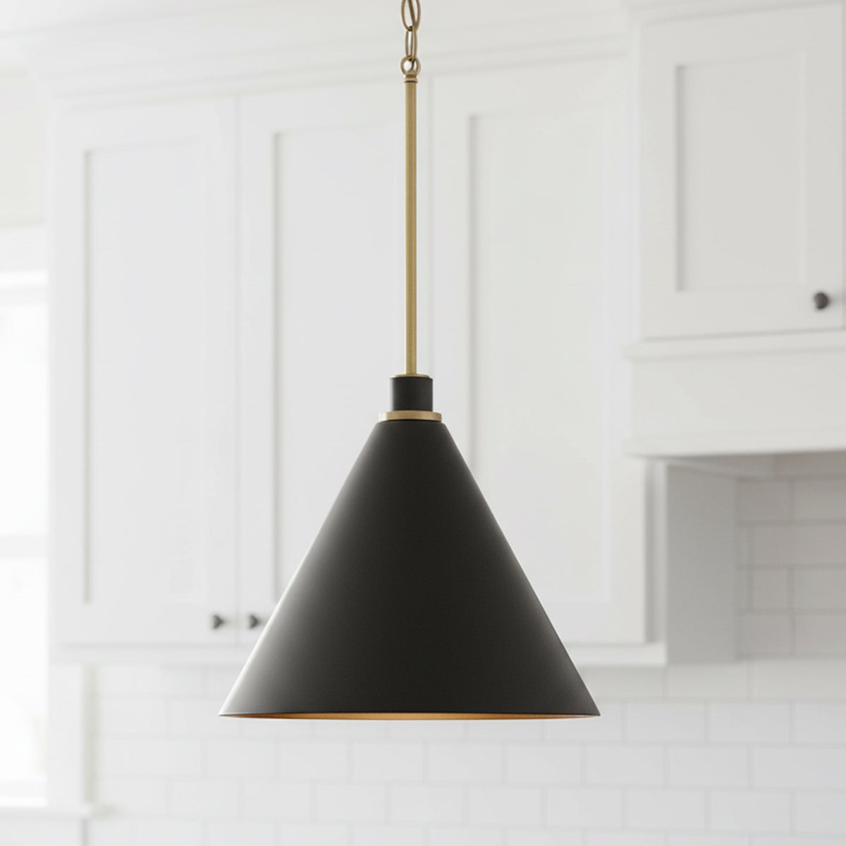 Avin Pendant 15, Matte Black and Aged Brass for Modern Farmhouse home with White Siding