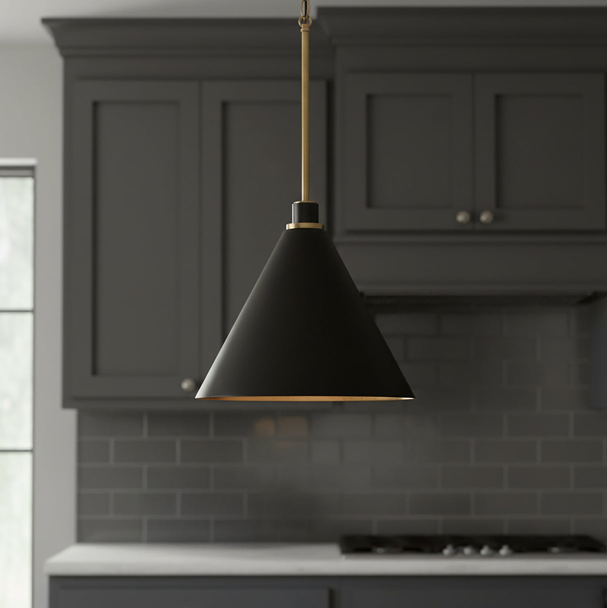Avin Pendant 15, Matte Black and Aged Brass for Modern home with Dark Gray Shiplap