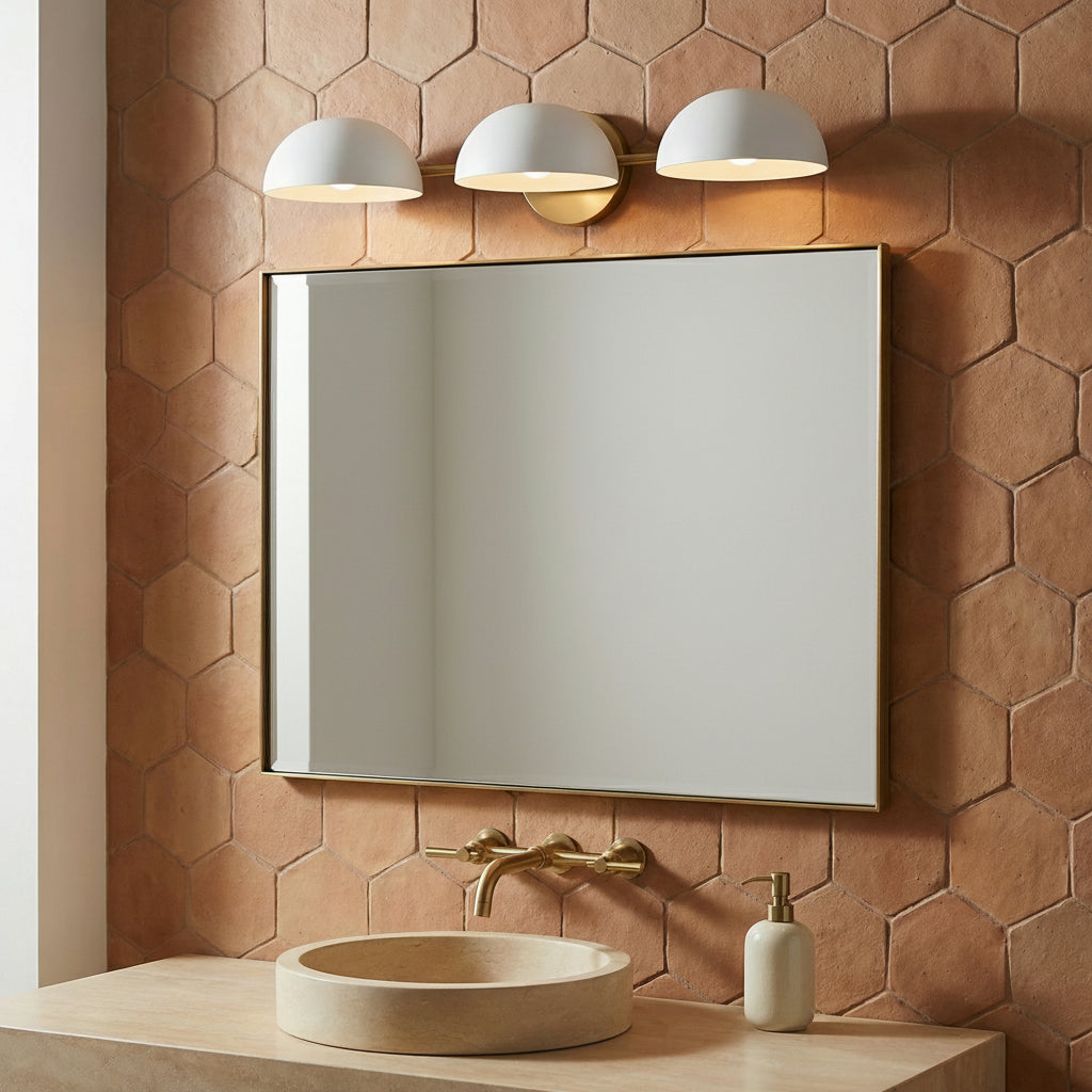 Della 3 Light Vanity, White and Aged Brass for Modern home with Terracotta Tile