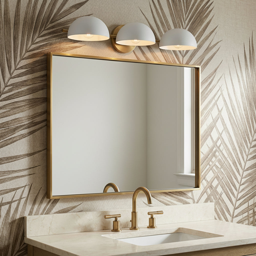 Della 3 Light Vanity, White and Aged Brass for Modern home with White Wallpaper