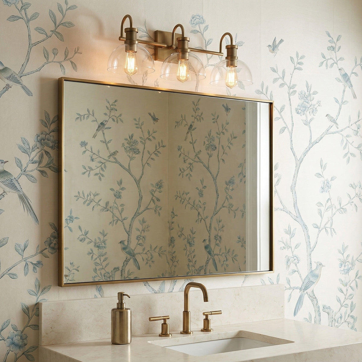 Greer 3 Light Vanity, Aged Brass for Transitional home with Cream Wallpaper