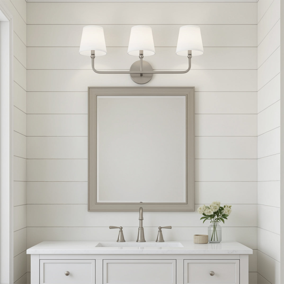 Elowen 3 Light Vanity, Brushed Nickel for Modern Farmhouse home with White Shiplap