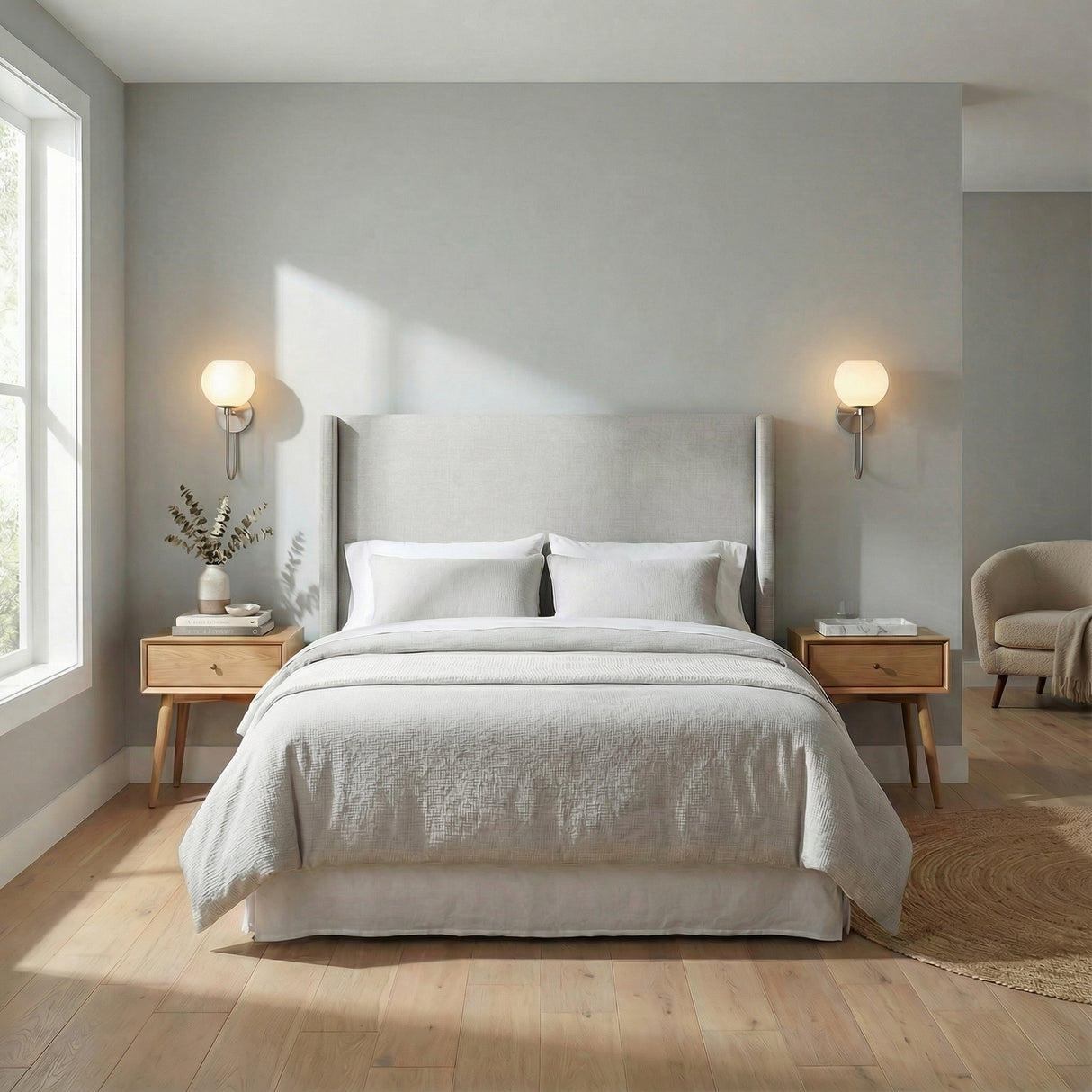 Enid Wall Sconce 10", Brushed Nickel globe wall sconce in a Modern Bedroom with a grey upholstered bed.