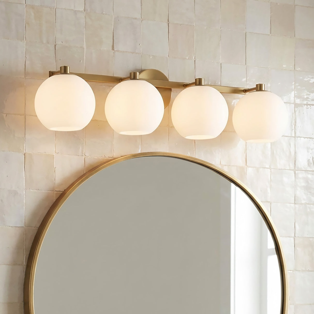 Enid 4 Light Vanity, Aged Brass for Modern home with White Tile