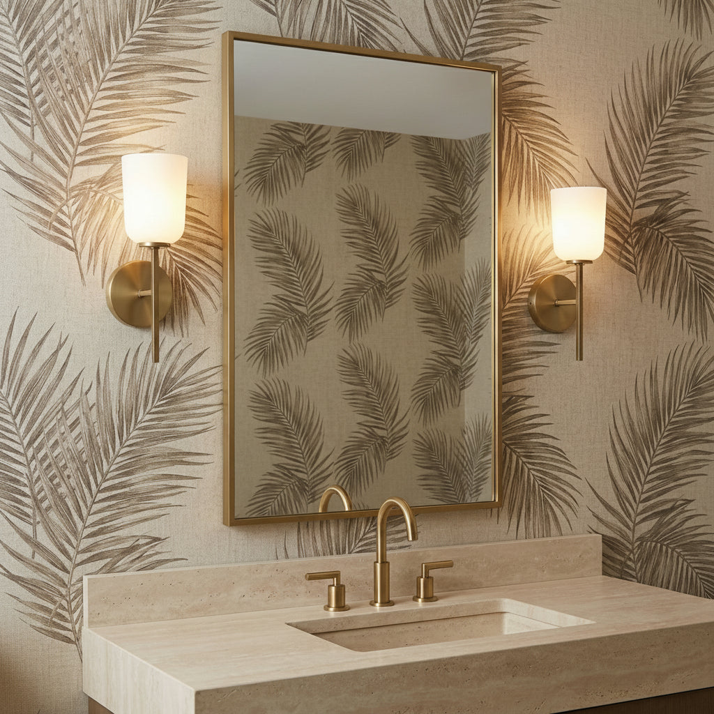 Elira Wall Sconce 14", Aged Brass for Modern home with Beige Wallpaper