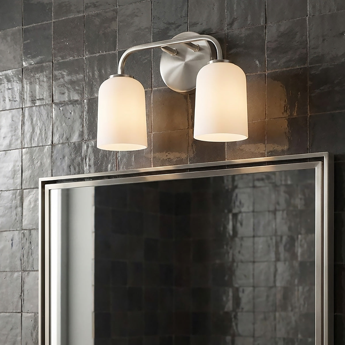 Elira 2 Light Vanity, Brushed Nickel for Modern home with Dark Gray Tile