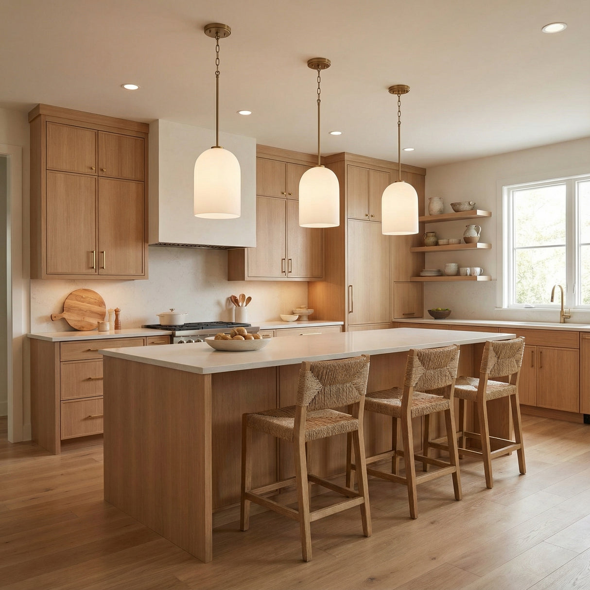 Elira Pendant 9, Aged Brass for Modern home with Natural Wood Cabinets