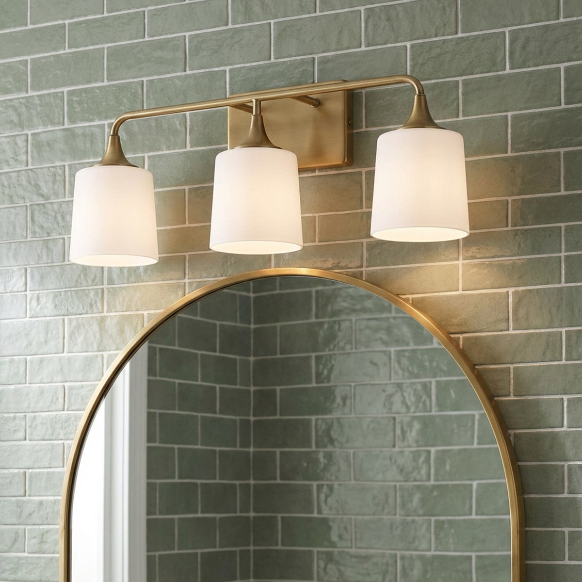 Harper 3 Light Vanity, Aged Brass for Contemporary home with Green Tile