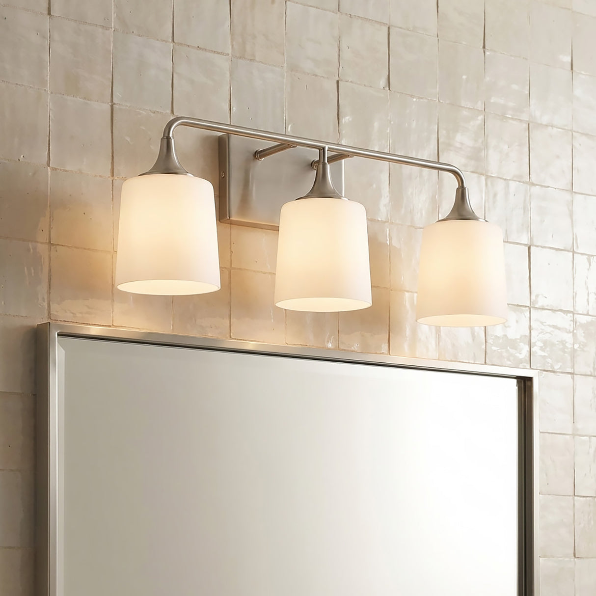 Harper 3 Light Vanity, Brushed Nickel for Modern home with White Tile