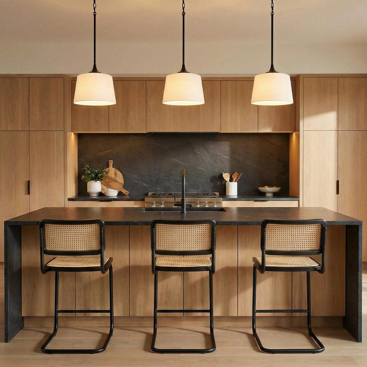 A contemporary kitchen featuring three matte black pendants with white glass shades hanging over a dark stone waterfall island paired with light wood cabinetry and woven stools.