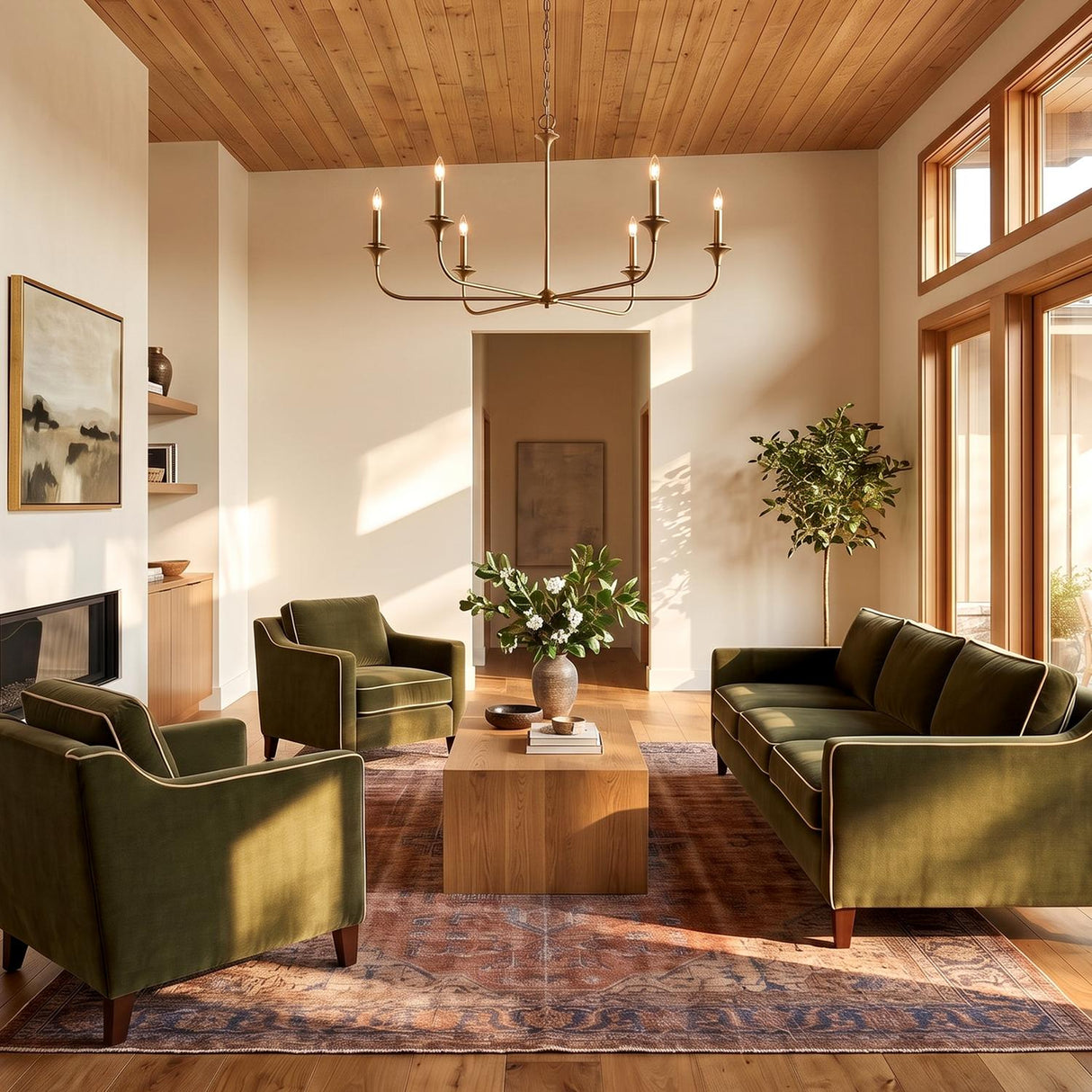 A modern living room featuring an aged brass six light chandelier suspended from a wood paneled ceiling over olive green velvet seating and a patterned rug.