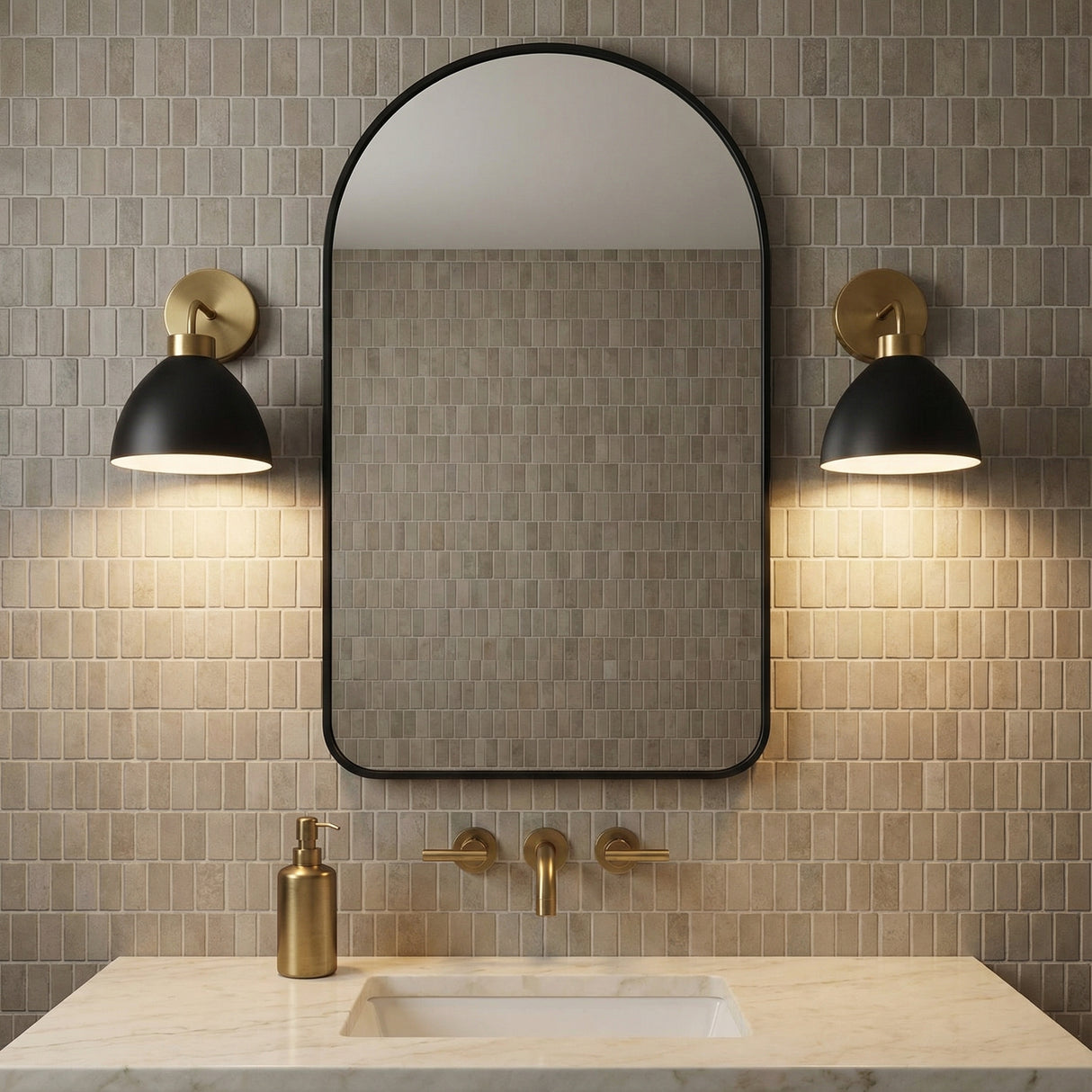 Cleo Wall Sconce, Matte Black and Aged Brass for Modern home with Gray Tile