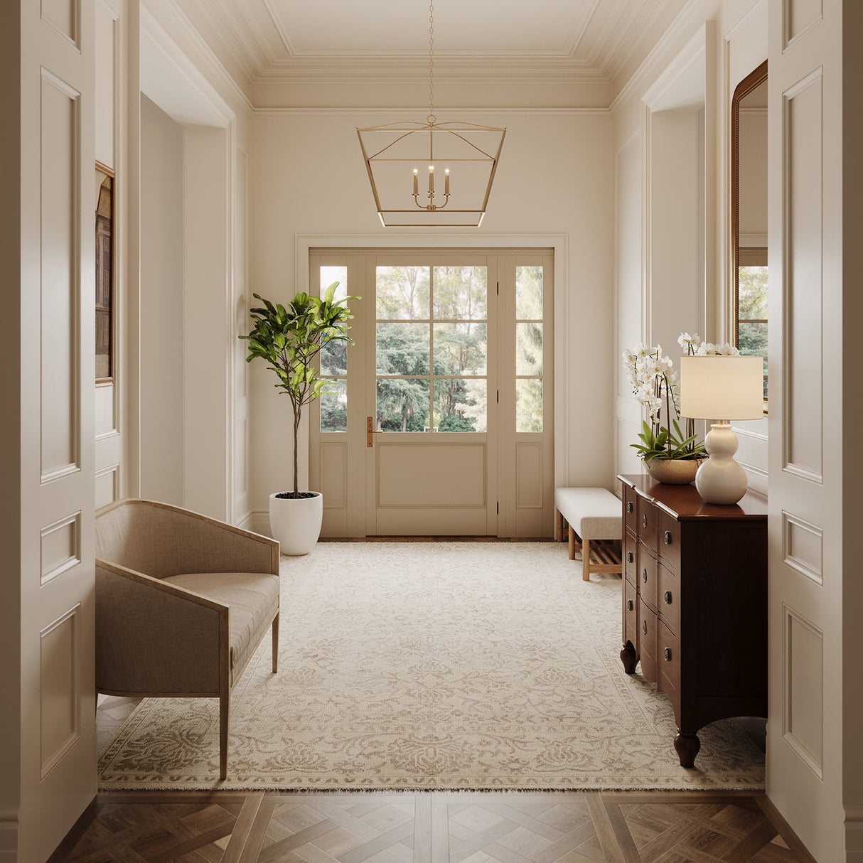 Eloise 28" Pendant in brass is shown in a grand, bright foyer with chantilly lace painted walls and traditional furnishings.