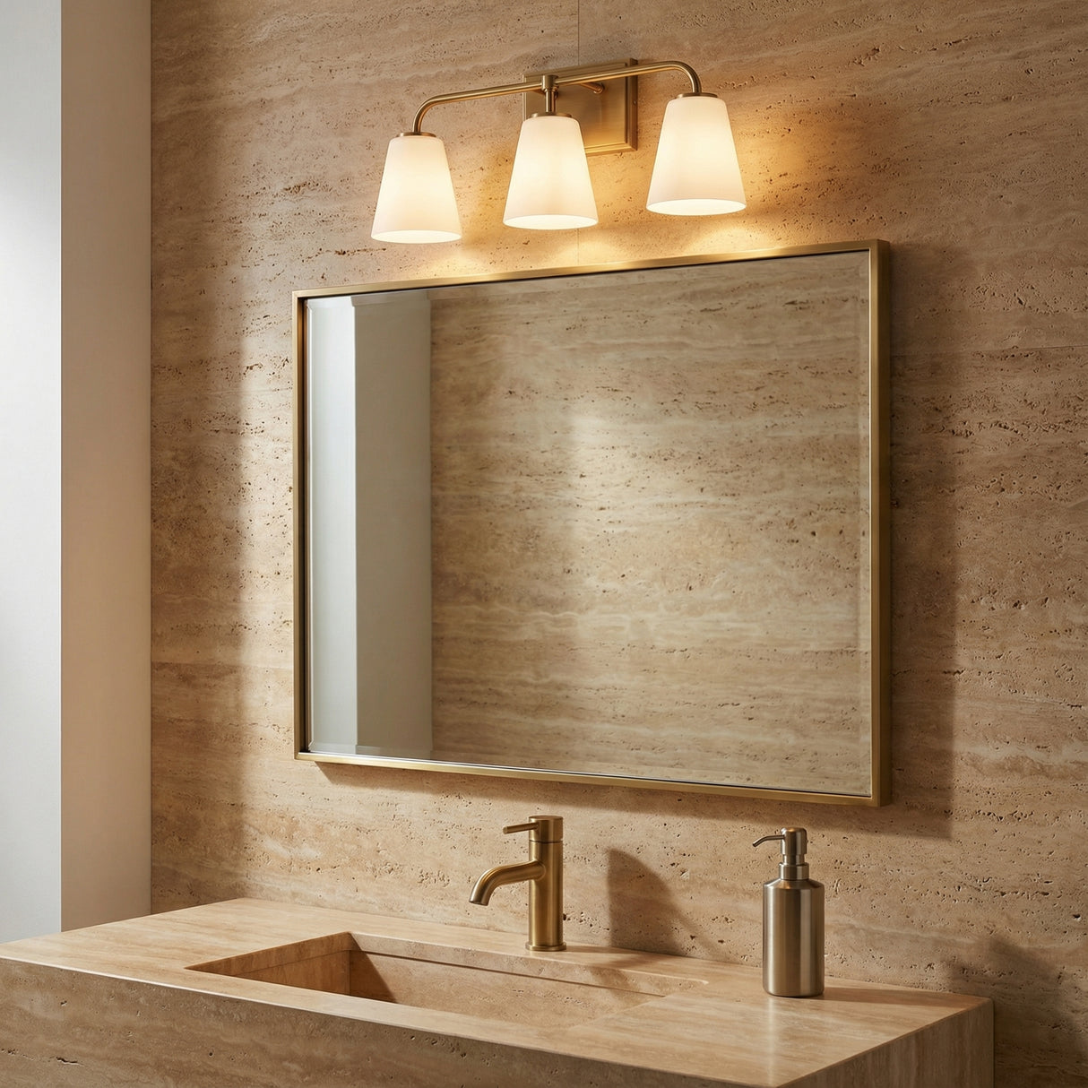 Brier 3 Light Vanity, Aged Brass for Modern home with Warm Beige Stone