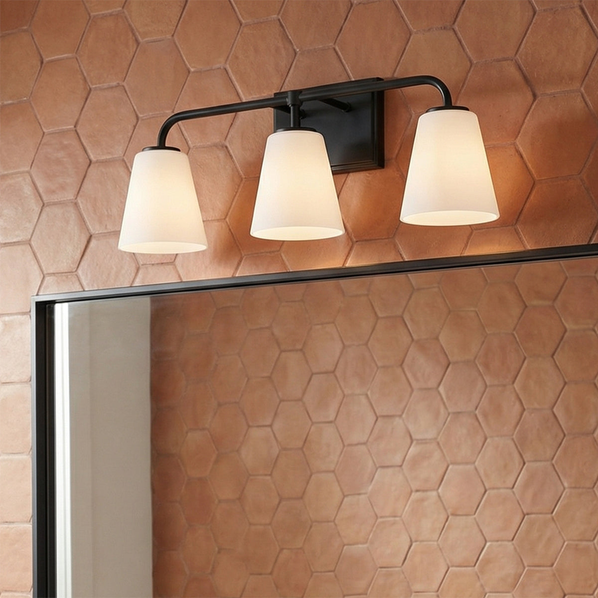 Brier 3 Light Vanity, Matte Black for Modern home with Terracotta Hexagonal Tile