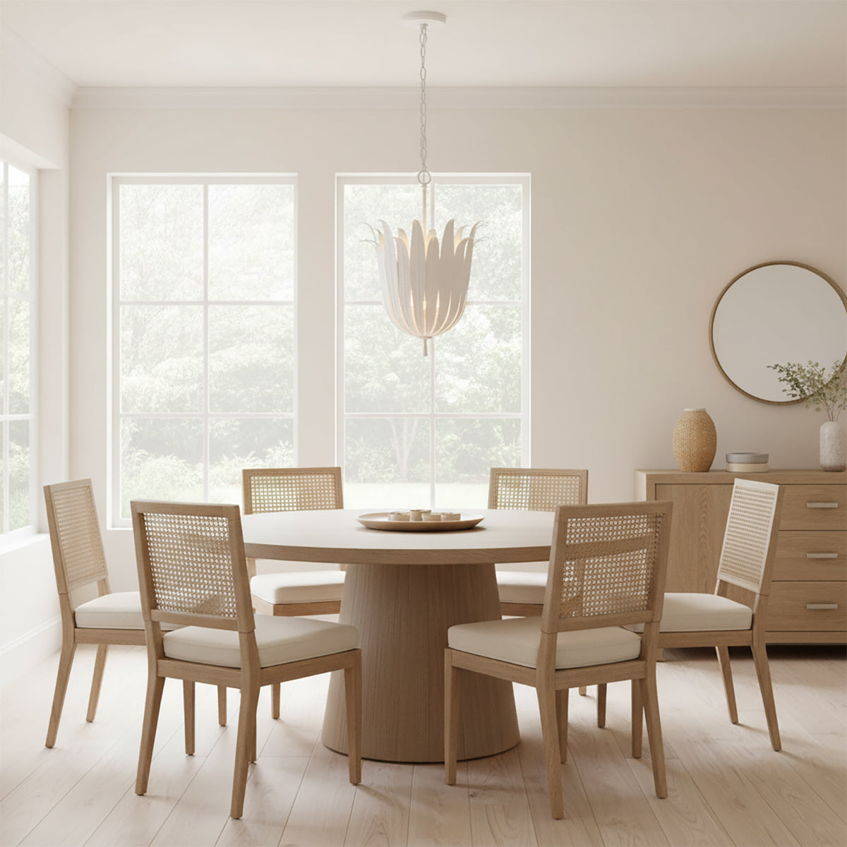 Cerise Pendant 16, Textured White - A white lotus-shaped pendant light hangs over a round dining table with cane-backed chairs.